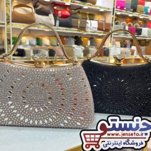 کیف زنانه دهانه فلزی پاسپورتی مجلسی دسته هلالی نگین خورشیدی جدید new کد 3051