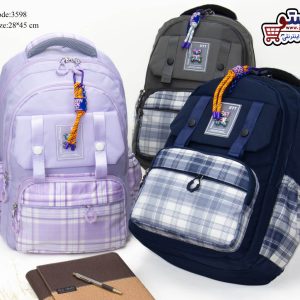 کوله پشتی فانتزی دخترانه چهارخانه ای بولسا آرم خرسی bolsa (کیف مدرسه دخترانه) کد 3598